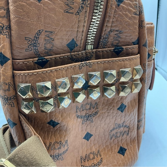 MCM Visetos Brown Cognac Monogram Gold Studded Leather Backpack - Picture 8 of 15
